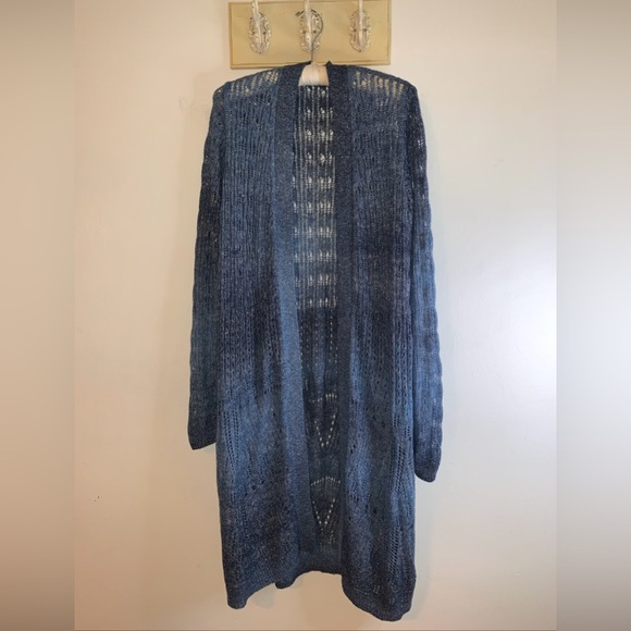 Womens Knit Cardigan Womens Blue Eyelet Long Sleeve Side Slit Sz Lg Fits XL-1X - Picture 6 of 12